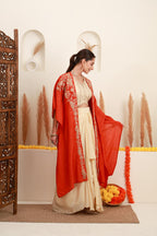 Ivory and Coral Orange Embroidered Top with Skirt and Shrug