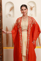 Ivory and Coral Orange Embroidered Top with Skirt and Shrug