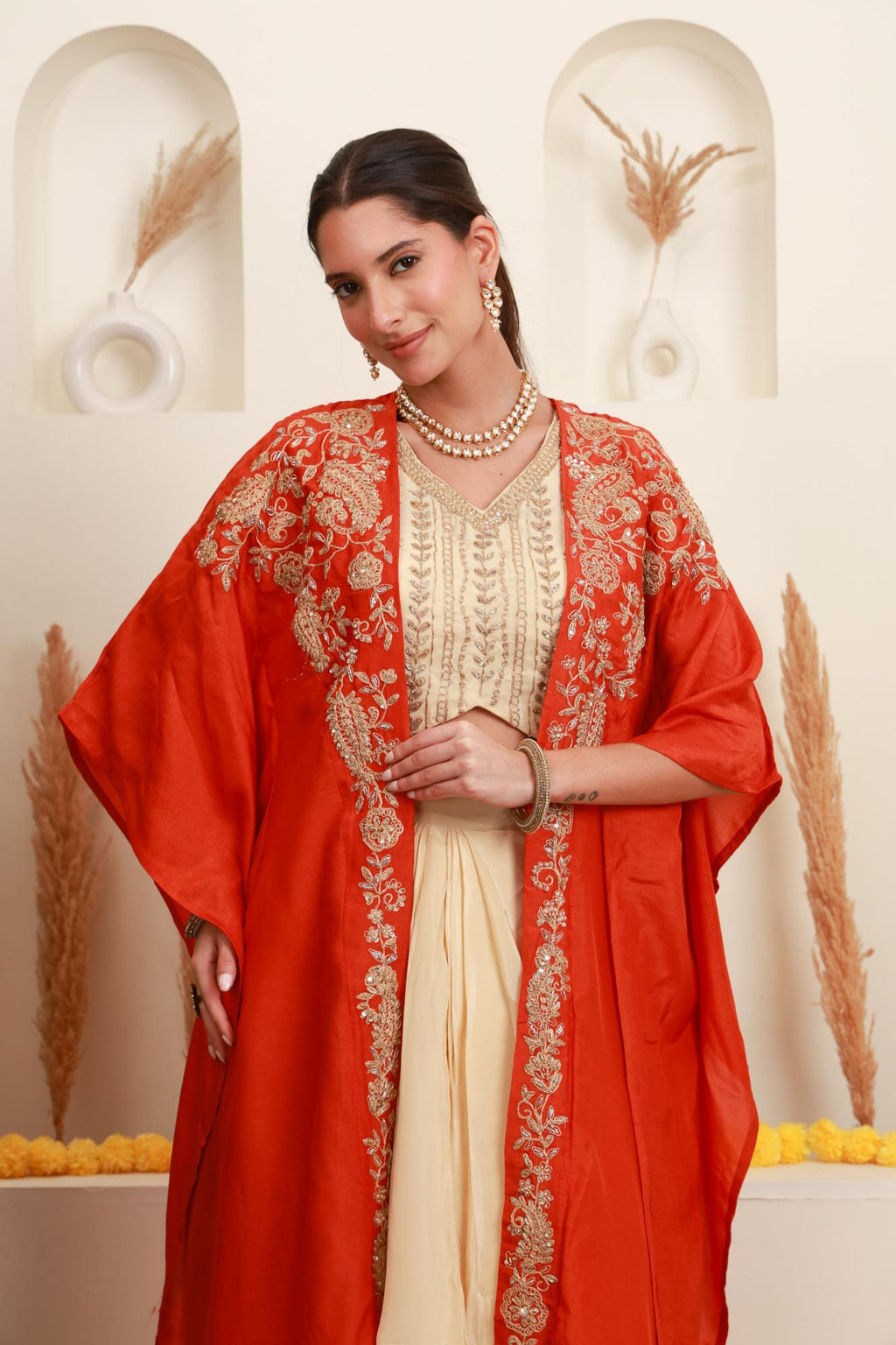 Ivory and Coral Orange Embroidered Top with Skirt and Shrug