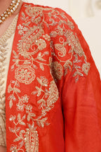 Ivory and Coral Orange Embroidered Top with Skirt and Shrug