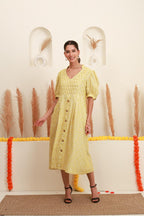 Lemon yellow printed Jacquard midi dress for women with geometric pattern