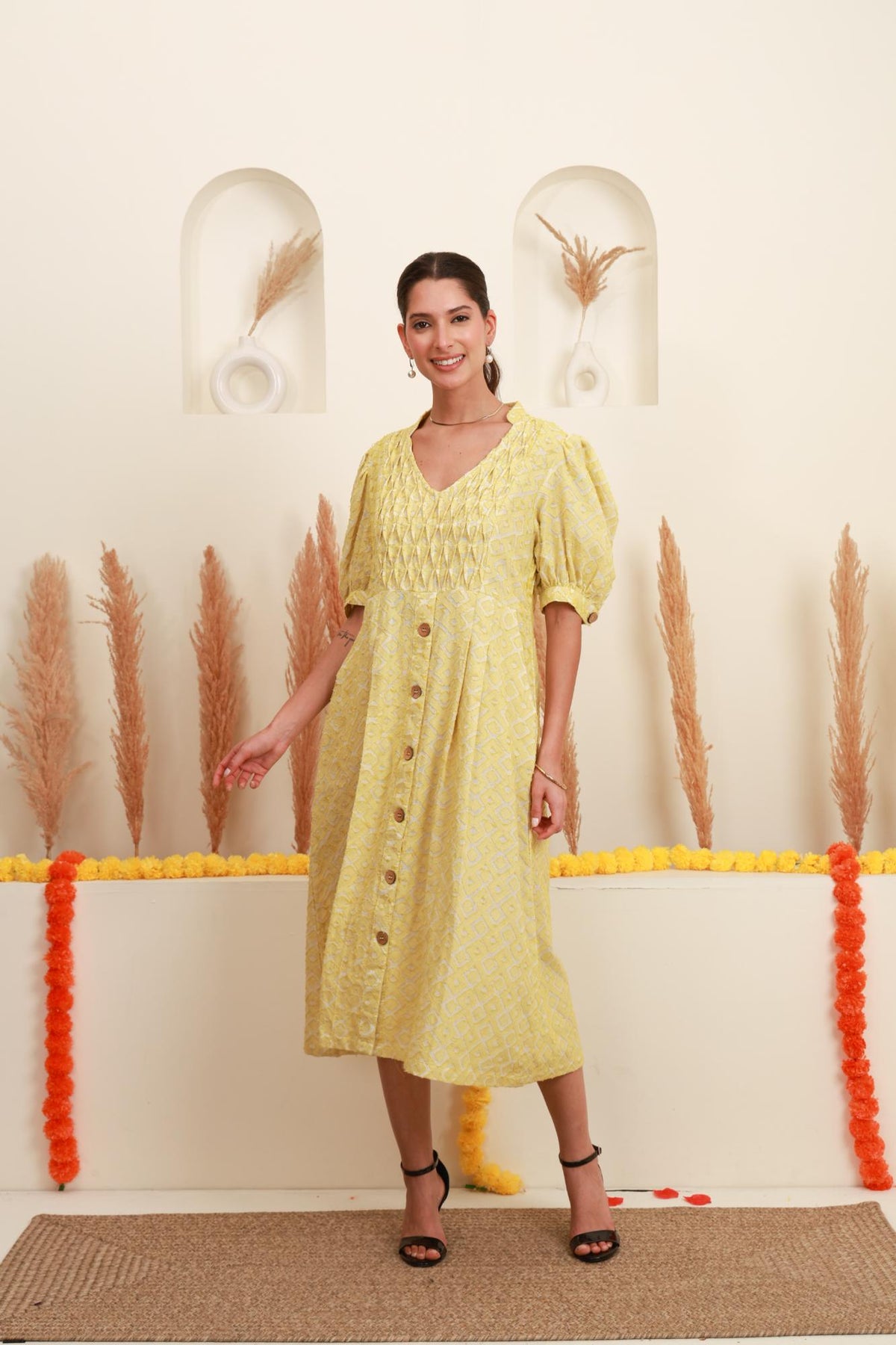 Lemon yellow printed Jacquard midi dress for women with geometric pattern