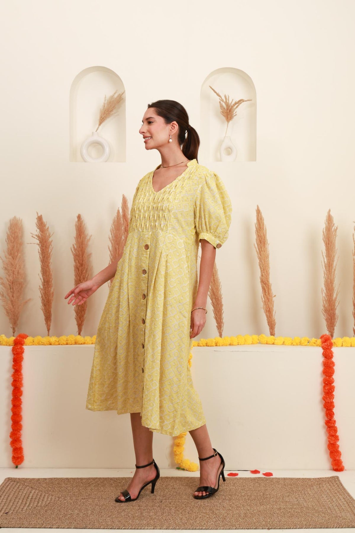 Lemon Yellow Printed Jacquard Midi Dress