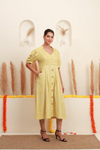 Lemon Yellow Printed Jacquard Midi Dress