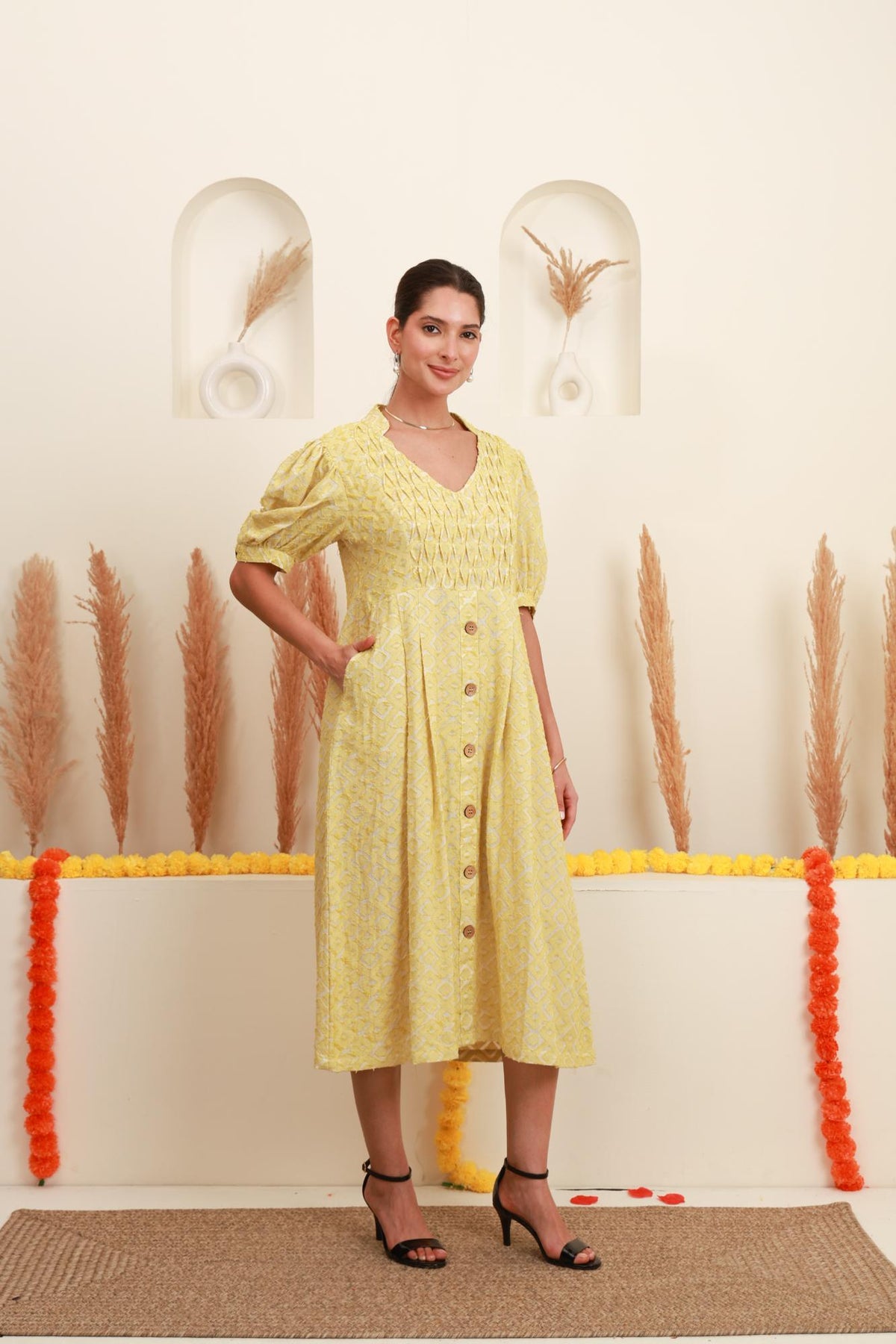Lemon Yellow Printed Jacquard Midi Dress