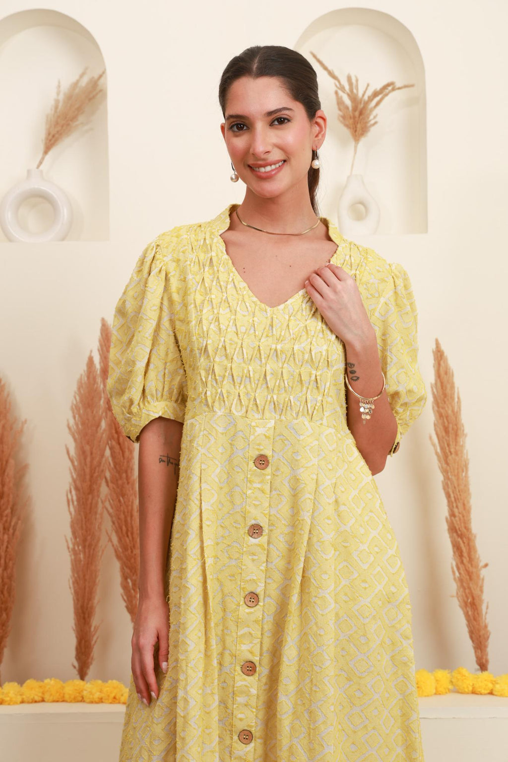 Lemon Yellow Printed Jacquard Midi Dress