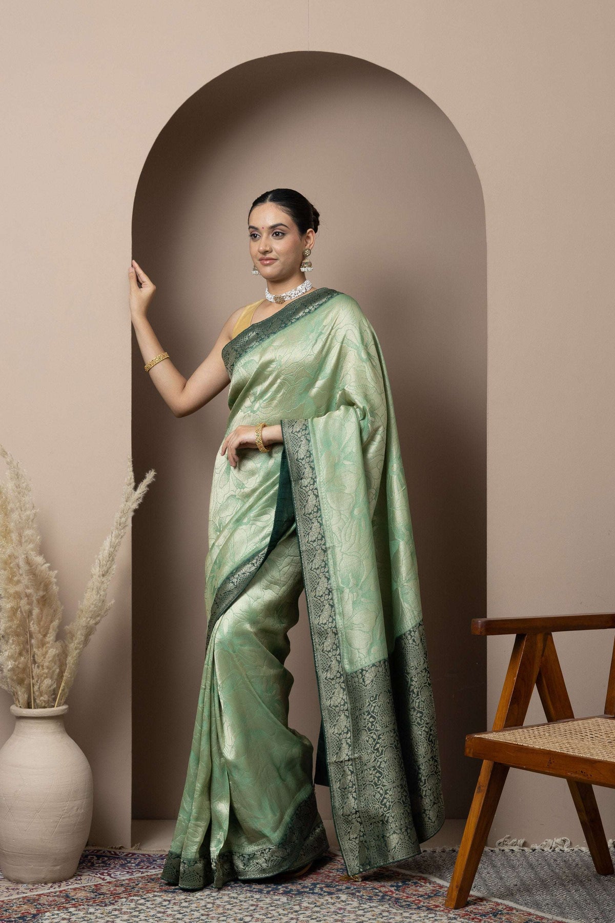 Mint Green Saree with Contrasting Zari Accents Right Look