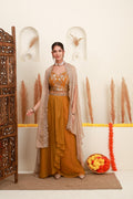 Mustard embroidered skirt set for women with sheer cape