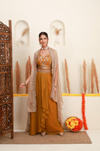 Mustard embroidered skirt set for women with sheer cape