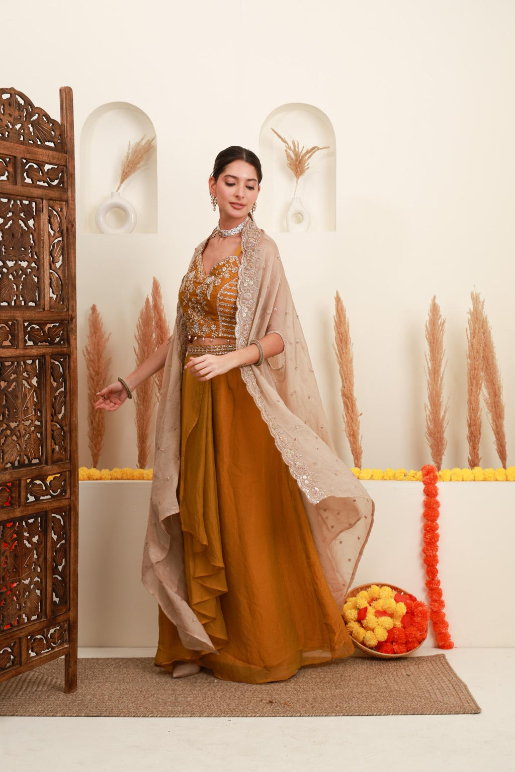 Mustard Embroidered Cape-Style Skirt Set