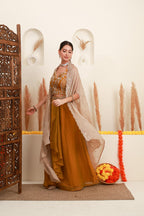 Mustard Embroidered Cape-Style Skirt Set