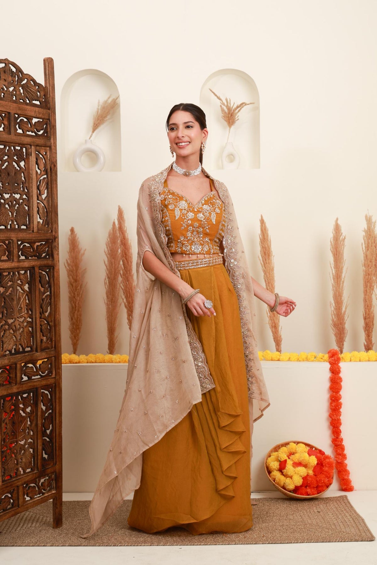 Mustard Embroidered Cape-Style Skirt Set