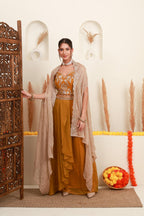 Mustard Embroidered Cape-Style Skirt Set