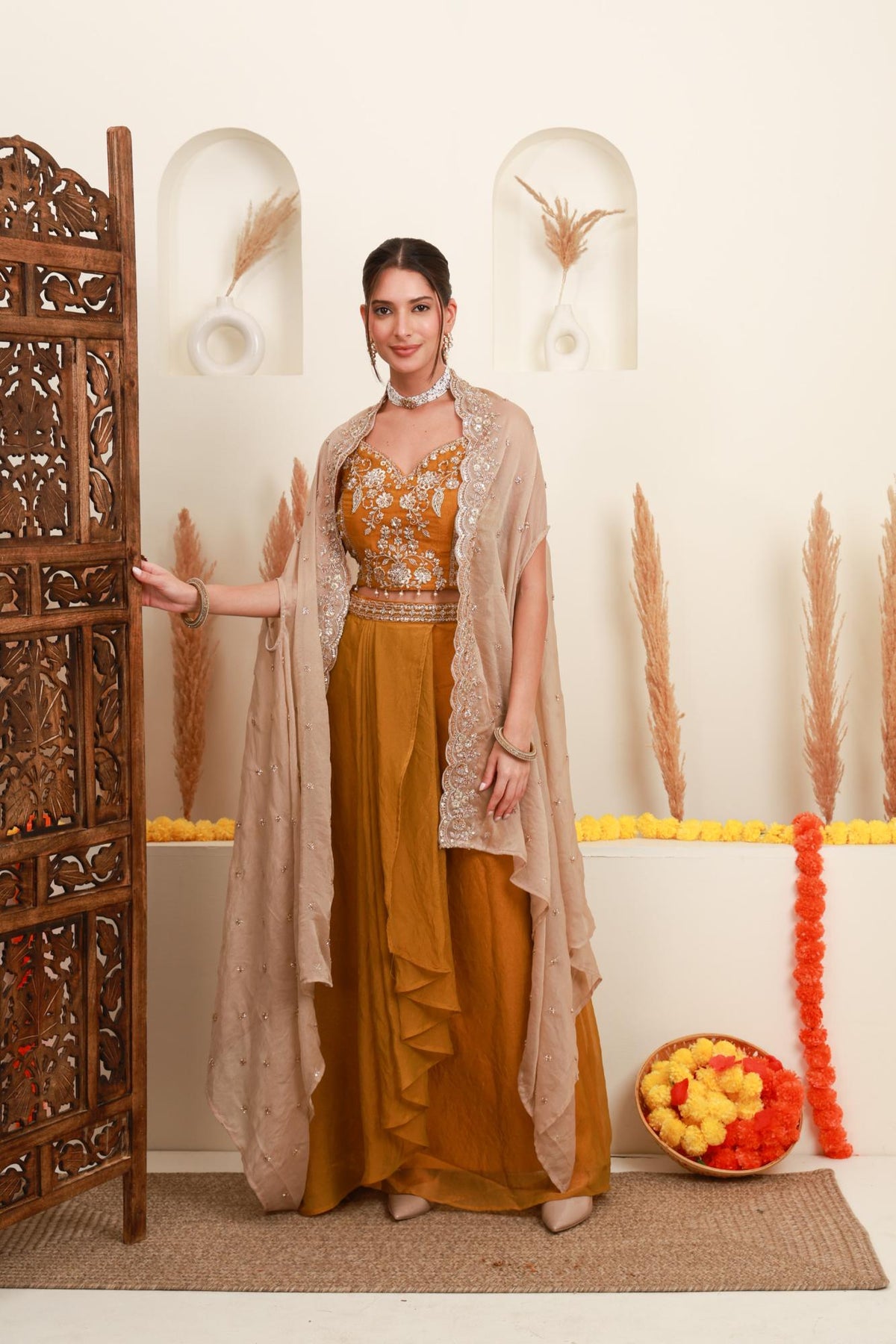 Mustard Embroidered Cape-Style Skirt Set
