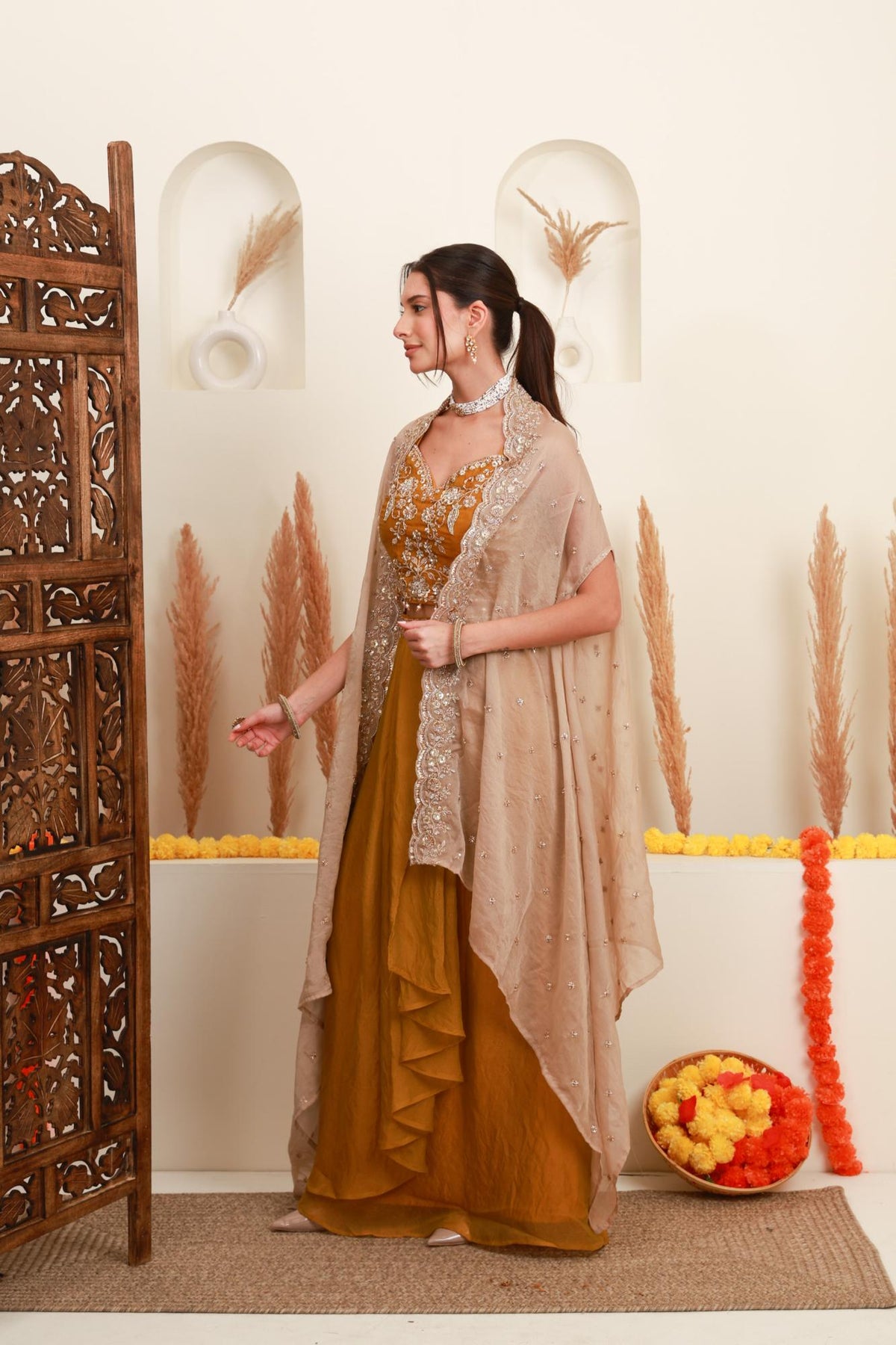 Mustard Embroidered Cape-Style Skirt Set