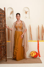 Mustard Embroidered Cape-Style Skirt Set