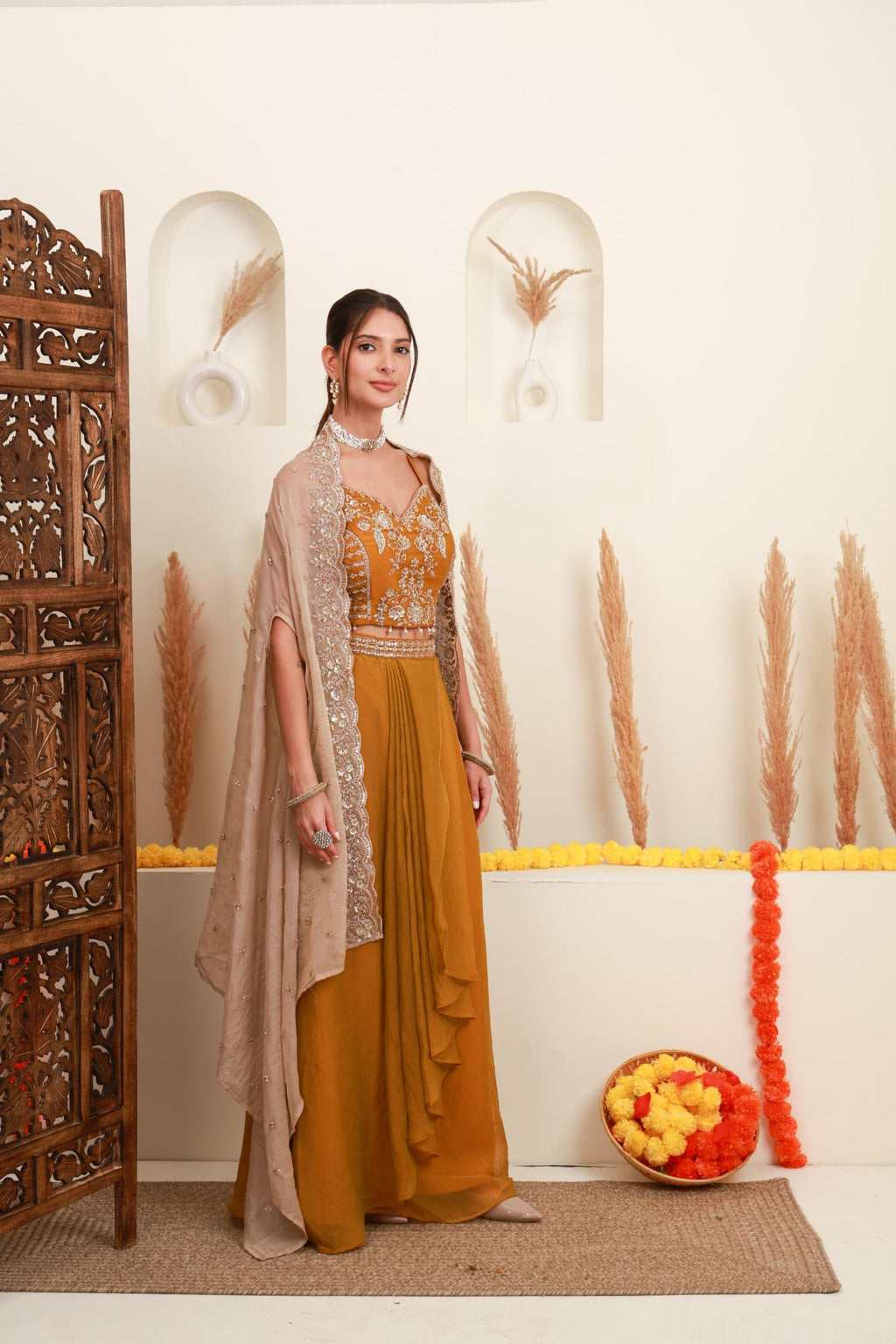 Mustard Embroidered Cape-Style Skirt Set