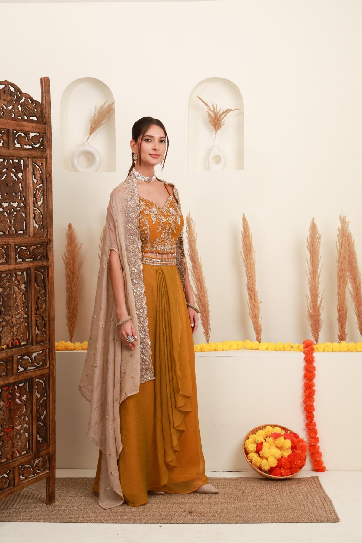 Mustard Embroidered Cape-Style Skirt Set