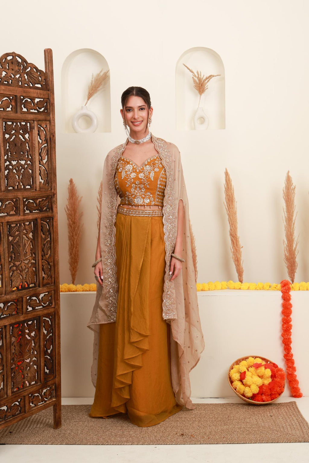 Mustard Embroidered Cape-Style Skirt Set