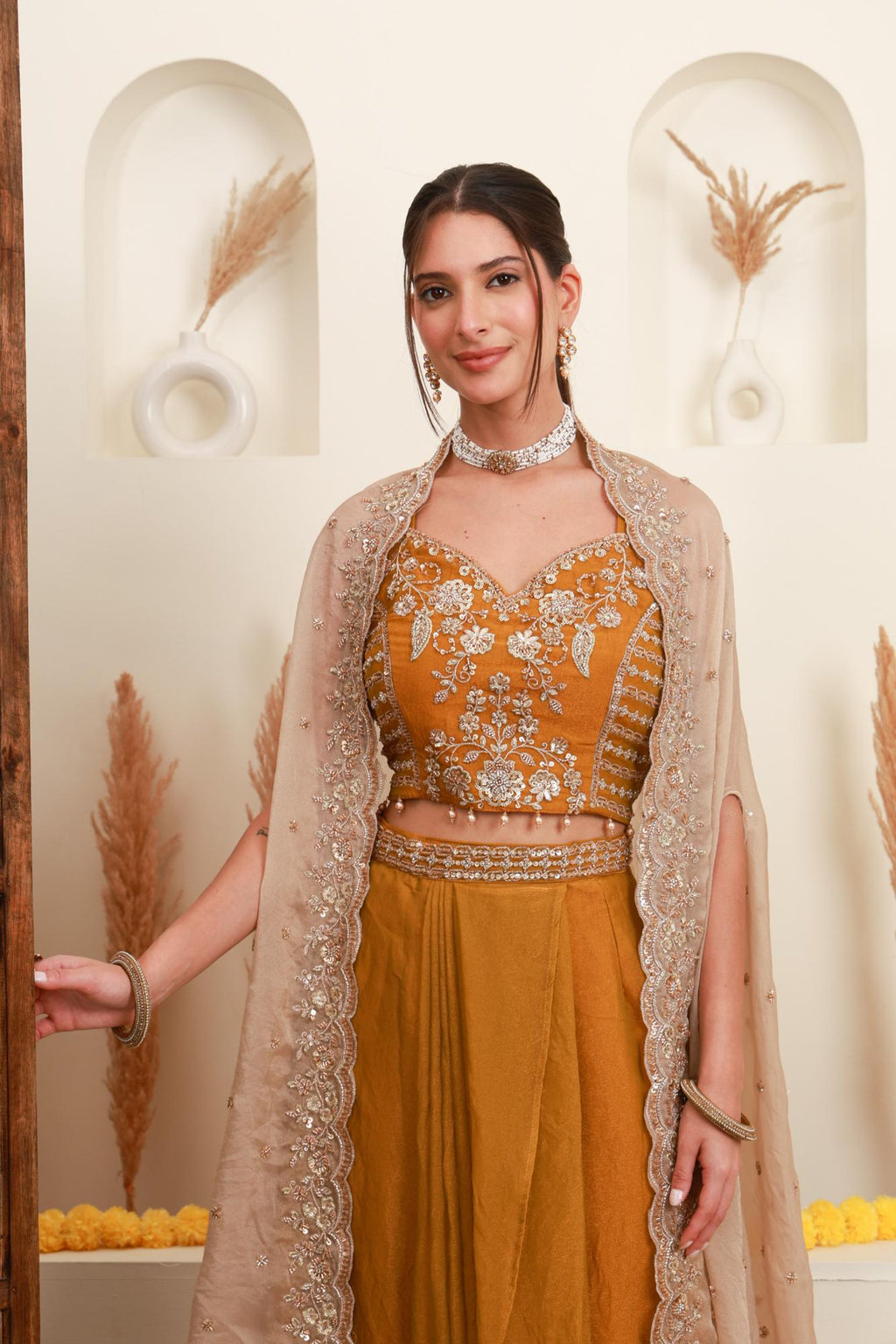 Mustard Embroidered Cape-Style Skirt Set