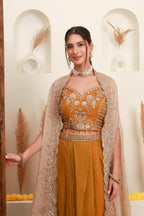 Mustard Embroidered Cape-Style Skirt Set