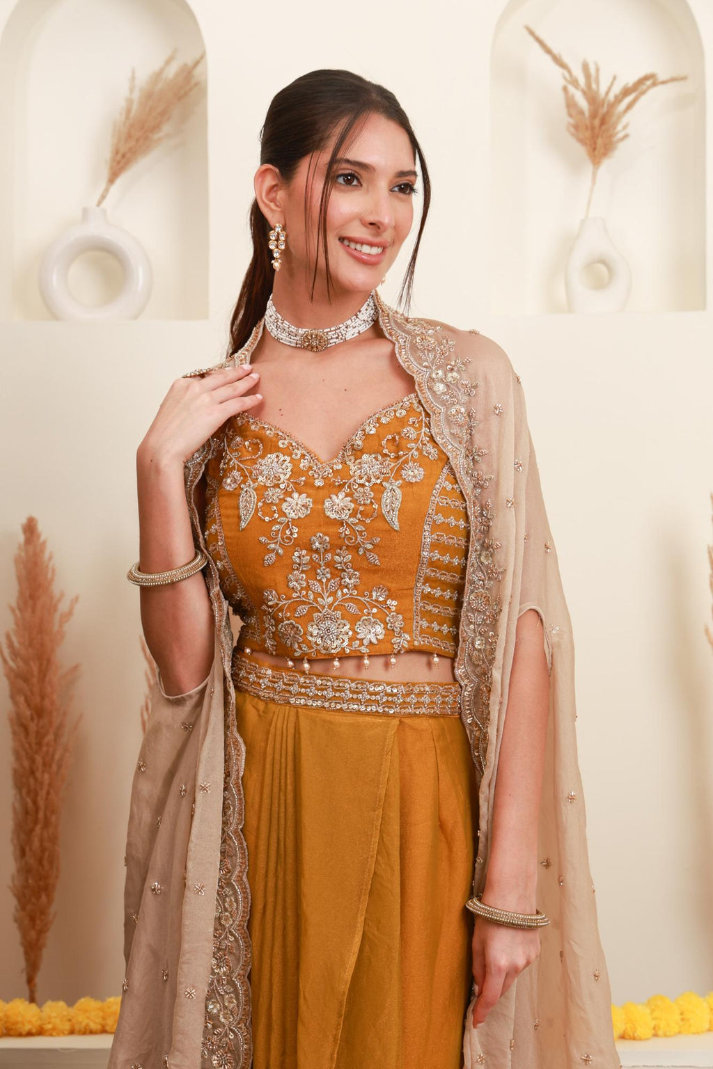 Mustard Embroidered Cape-Style Skirt Set