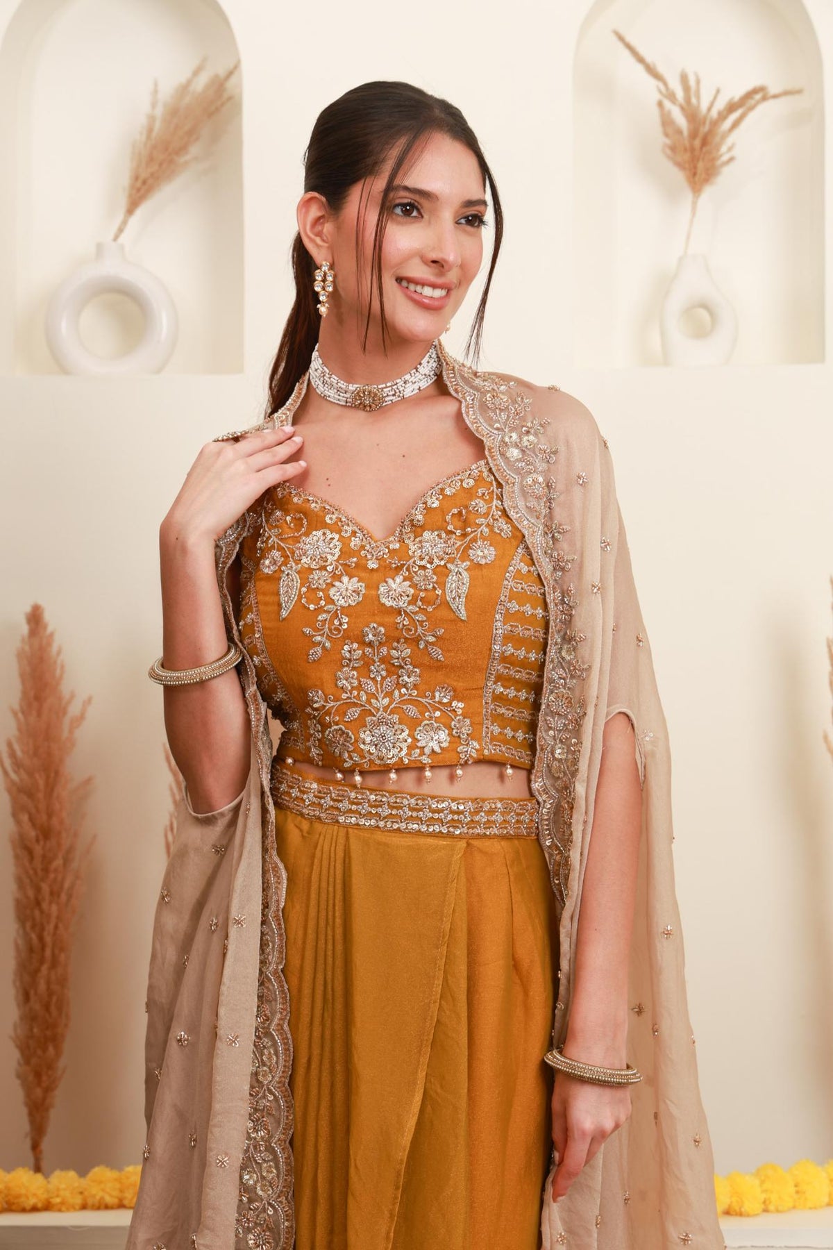 Mustard Embroidered Cape-Style Skirt Set