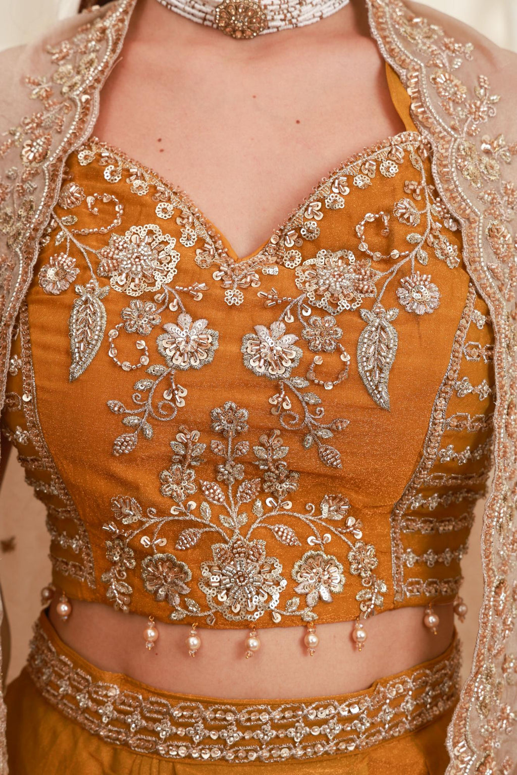Mustard Embroidered Cape-Style Skirt Set