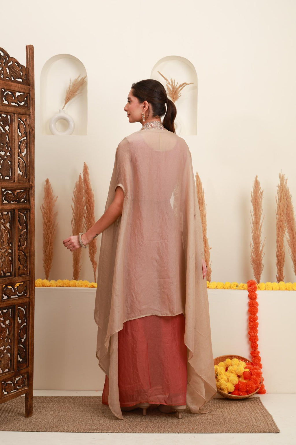 Mustard Gold Embroidered Cape Set