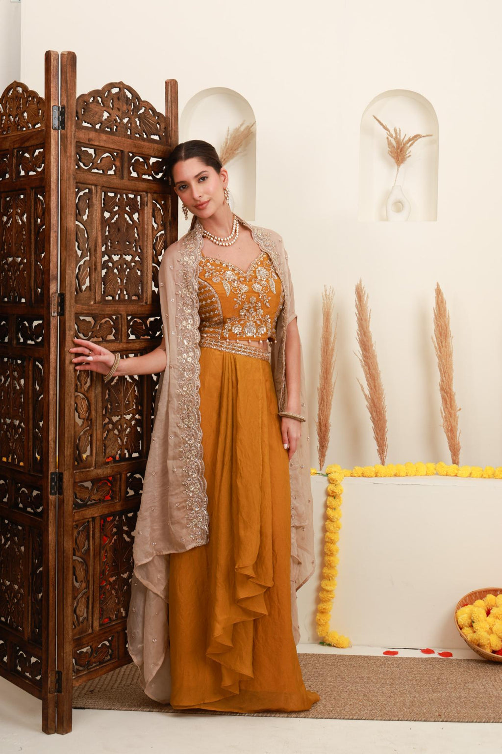 Mustard Gold Embroidered Cape Set