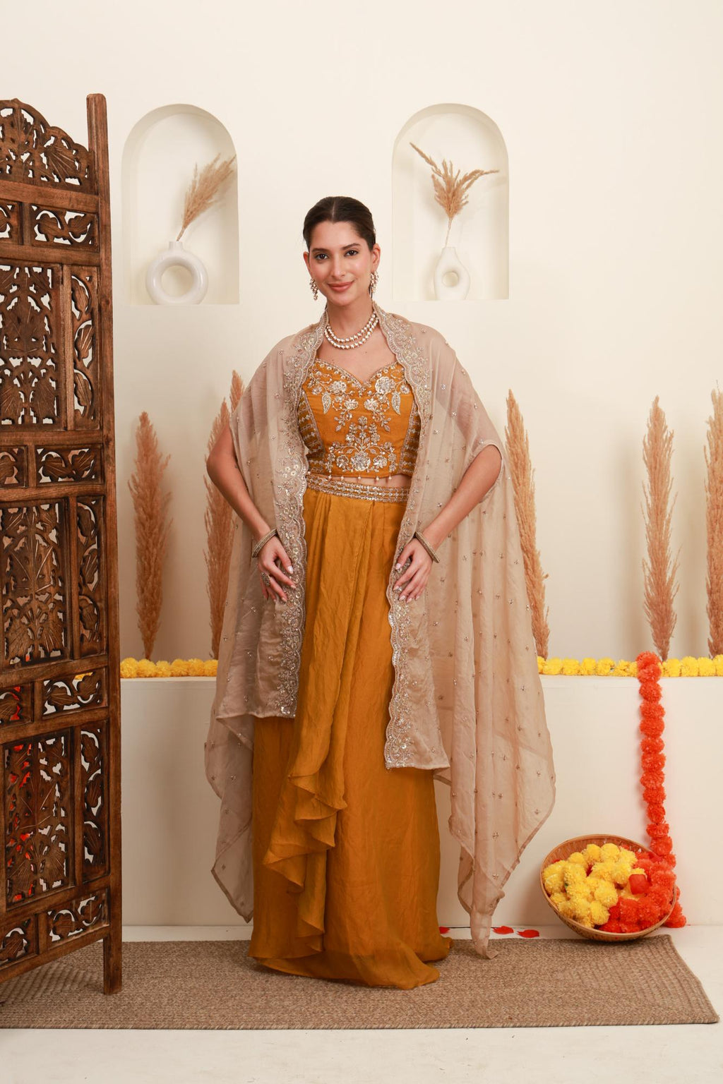 Mustard gold embroidered cape set for women with beige cape