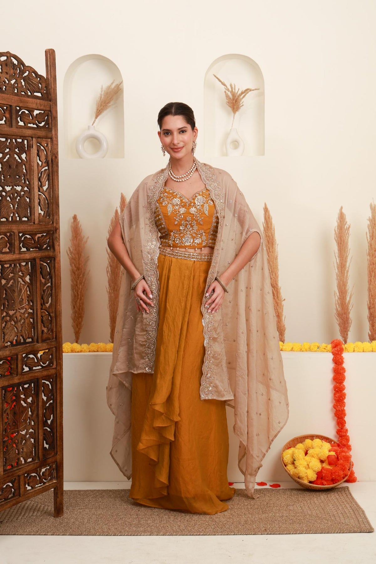 Mustard gold embroidered cape set for women with beige cape