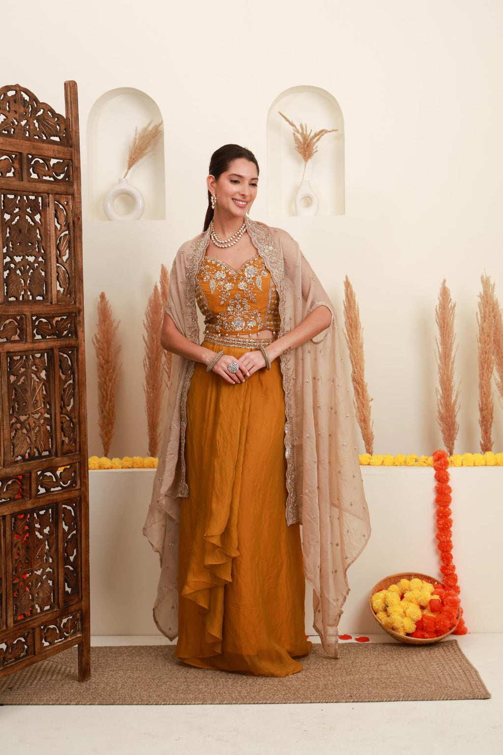 Mustard Gold Embroidered Cape Set