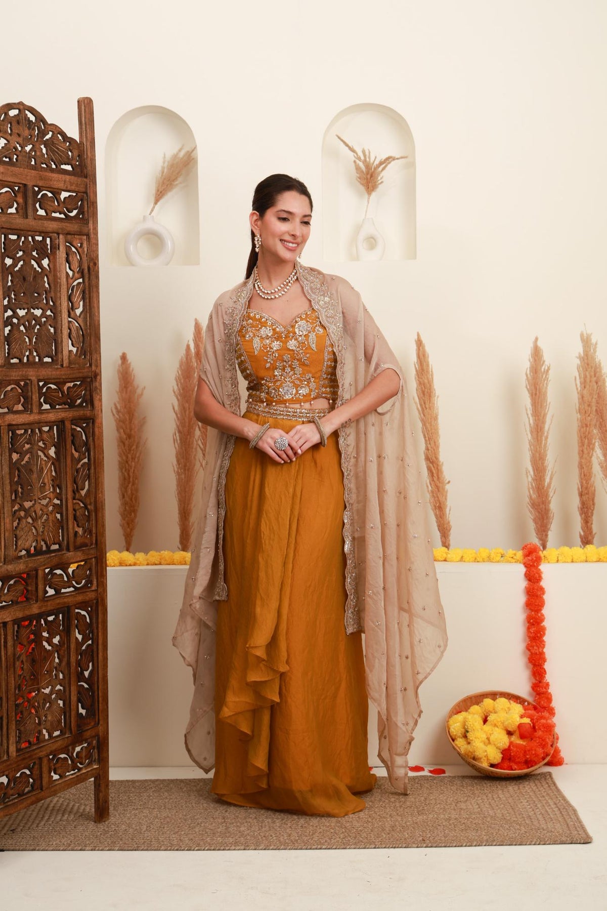 Mustard Gold Embroidered Cape Set