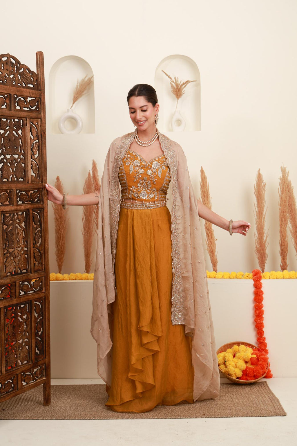 Mustard Gold Embroidered Cape Set