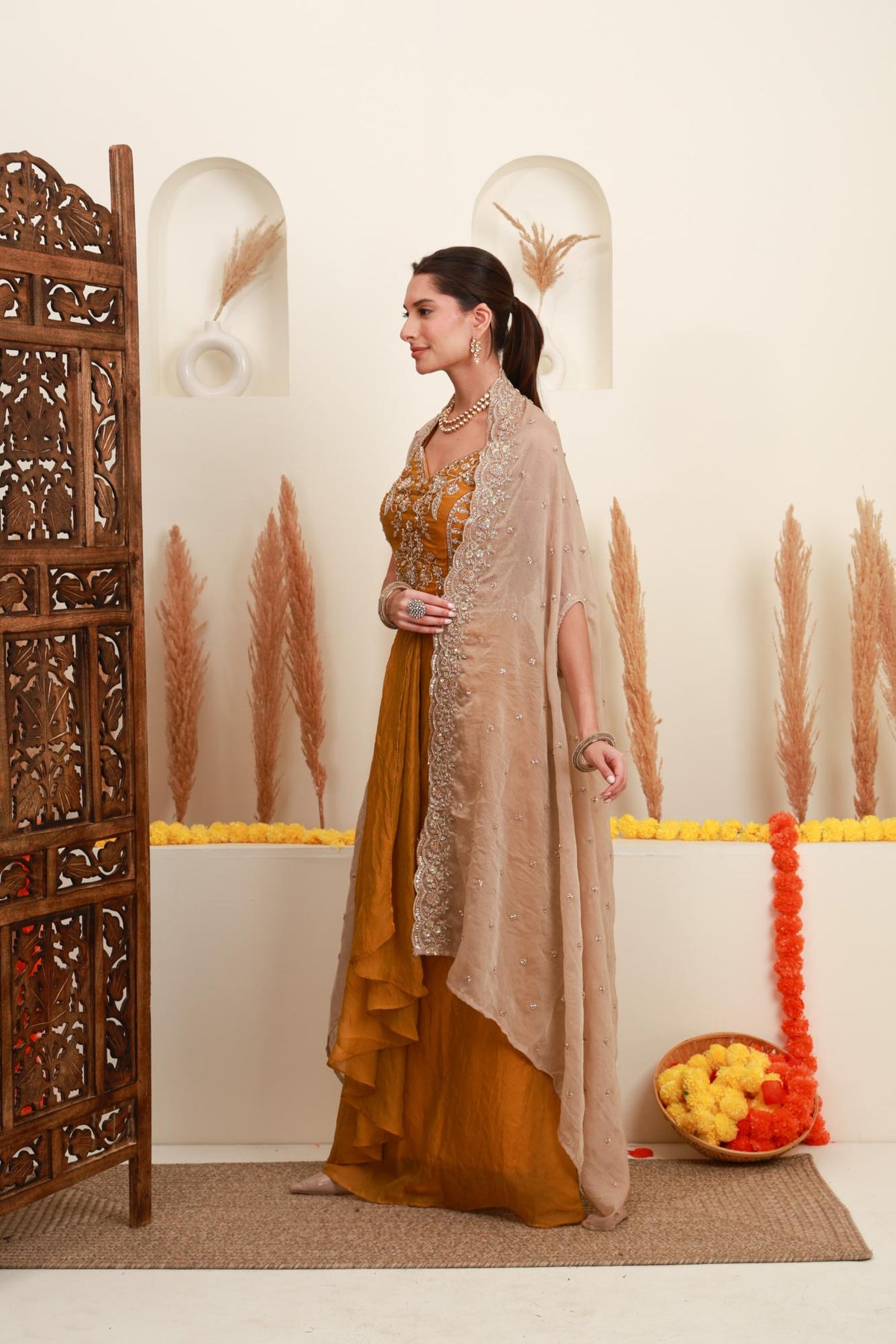 Mustard Gold Embroidered Cape Set