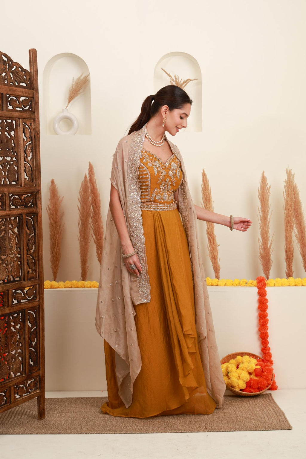 Mustard Gold Embroidered Cape Set