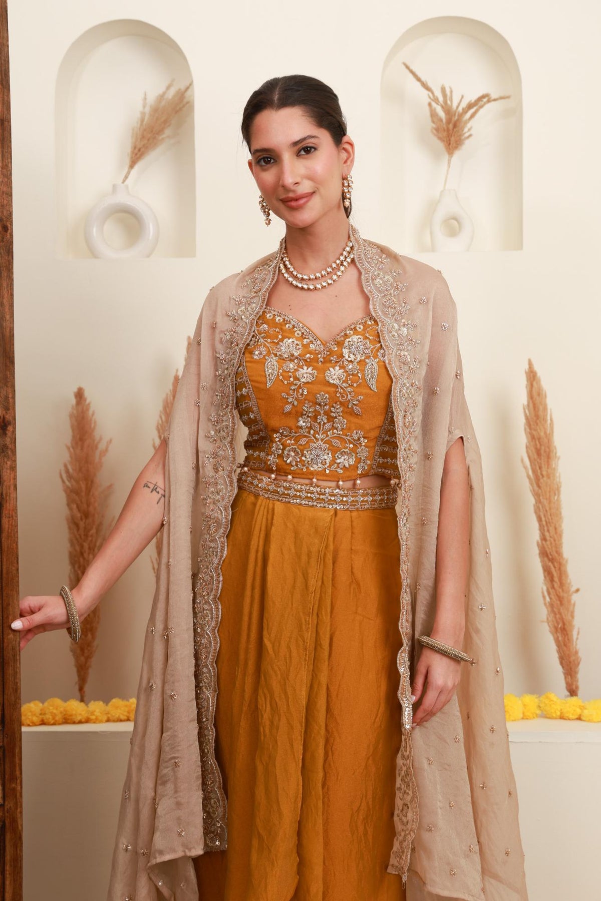 Mustard Gold Embroidered Cape Set
