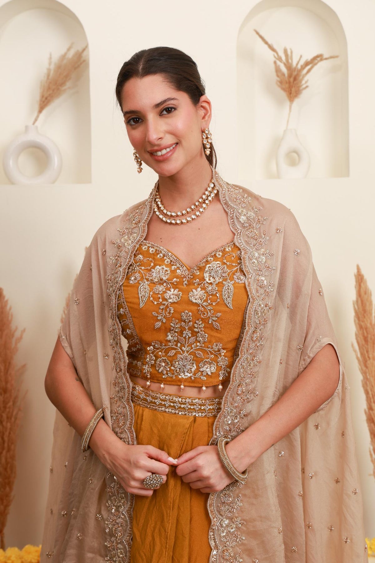 Mustard Gold Embroidered Cape Set