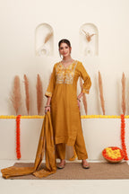 Mustard yellow embroidered kurta set with floral dupatta