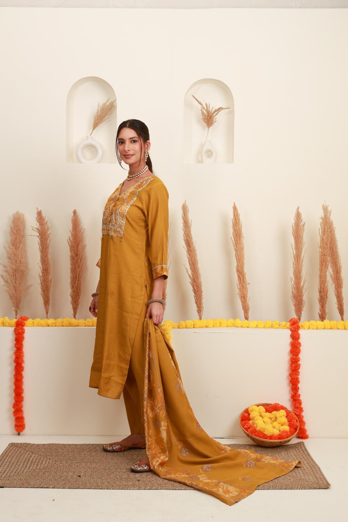 Mustard Yellow Embroidered Kurta Set with Dupatta