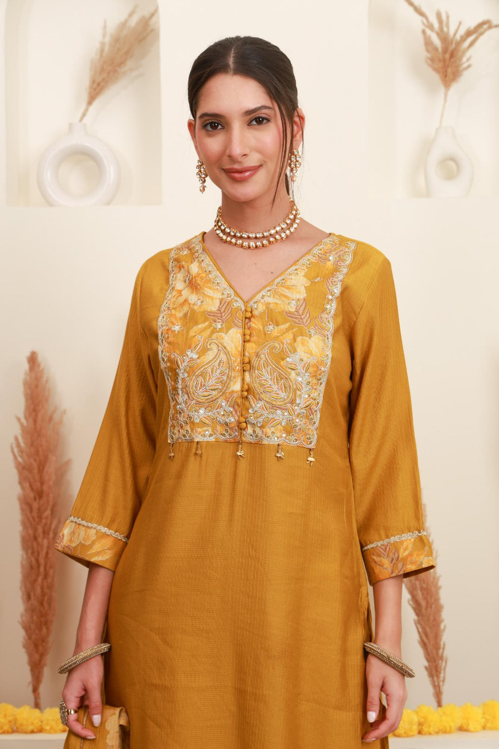 Mustard Yellow Embroidered Kurta Set with Dupatta