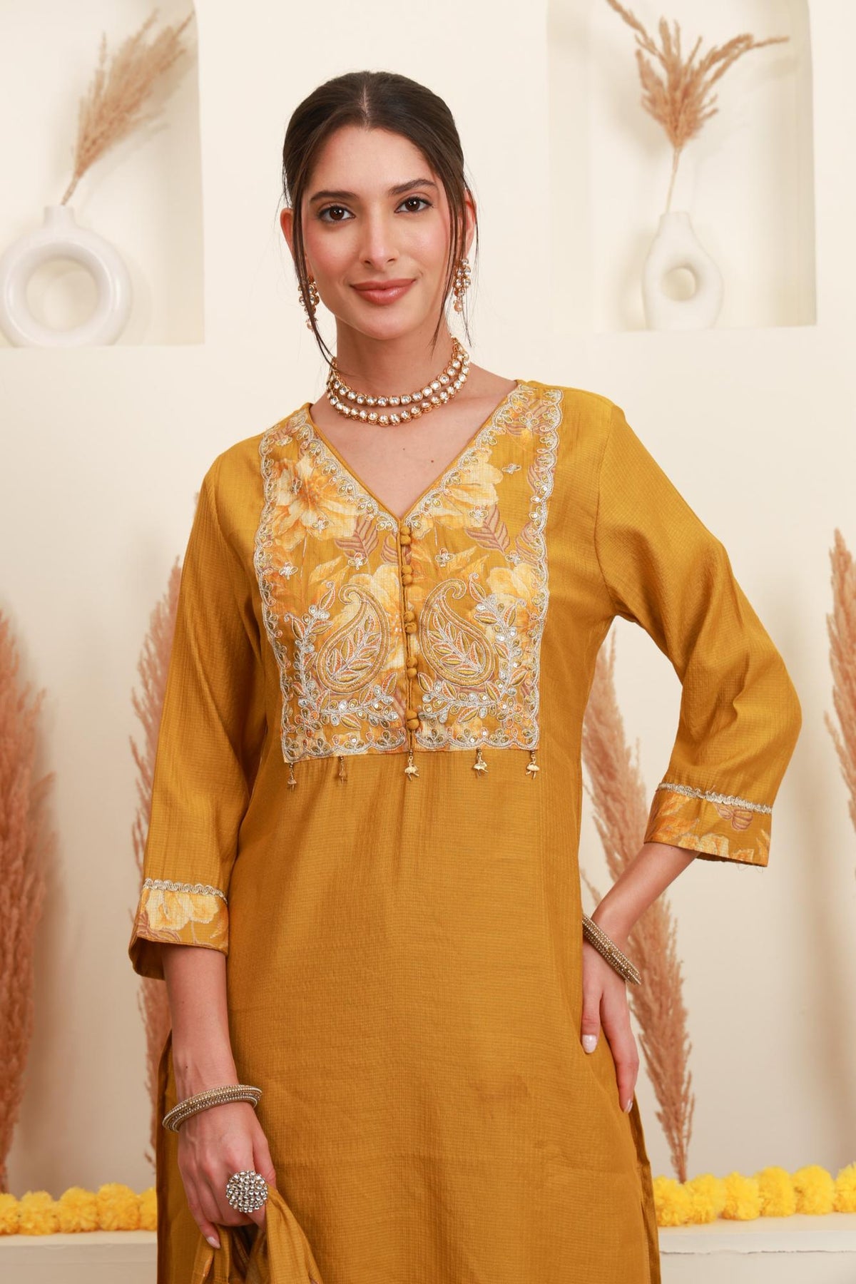 Mustard Yellow Embroidered Kurta Set with Dupatta