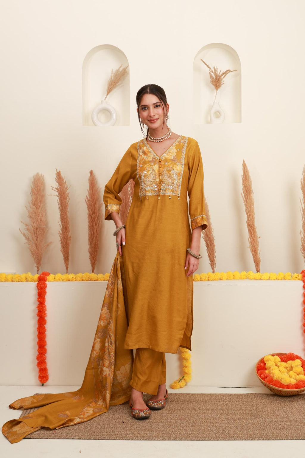 Mustard Yellow Embroidered Kurta Set with Dupatta