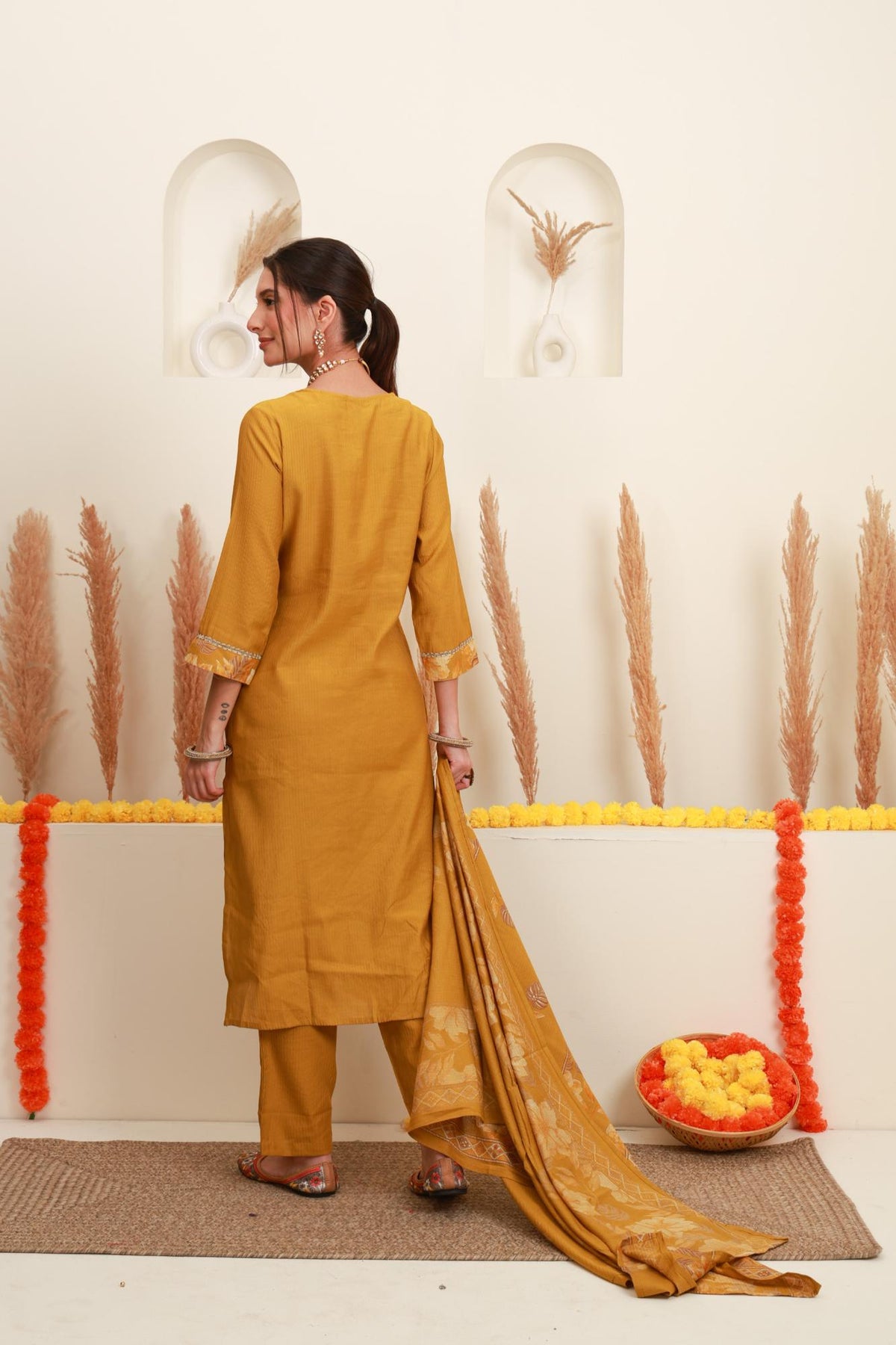 Mustard Yellow Embroidered Kurta Set with Dupatta