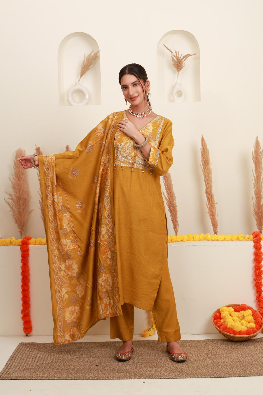 Mustard Yellow Embroidered Kurta Set with Dupatta