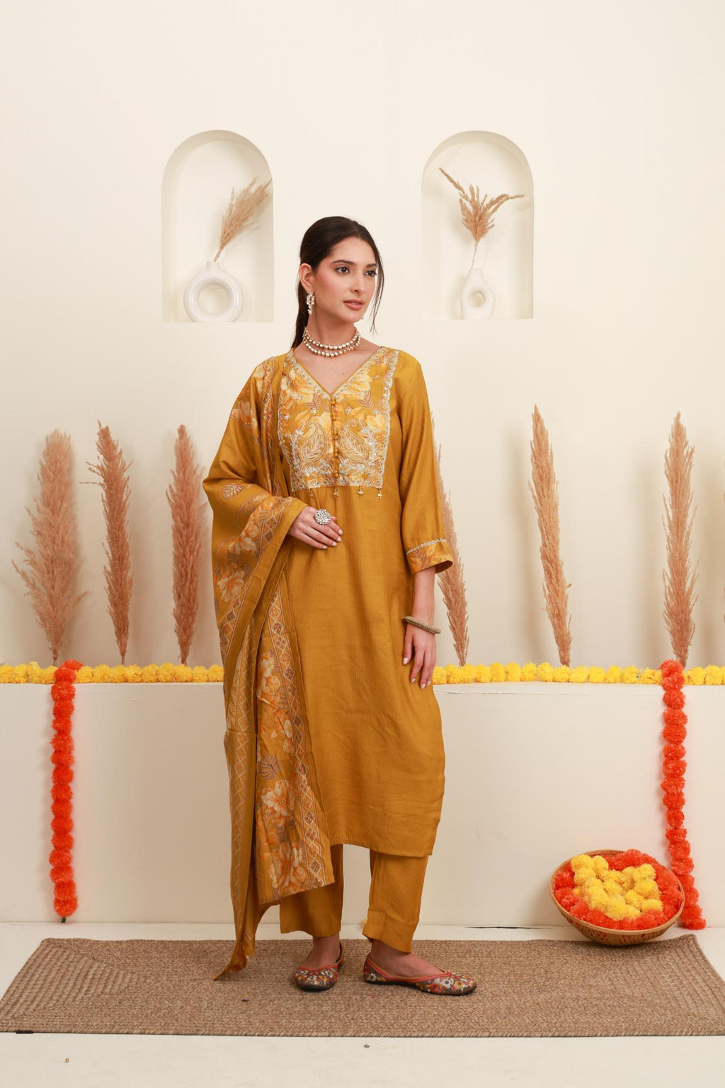 Mustard Yellow Embroidered Kurta Set with Dupatta