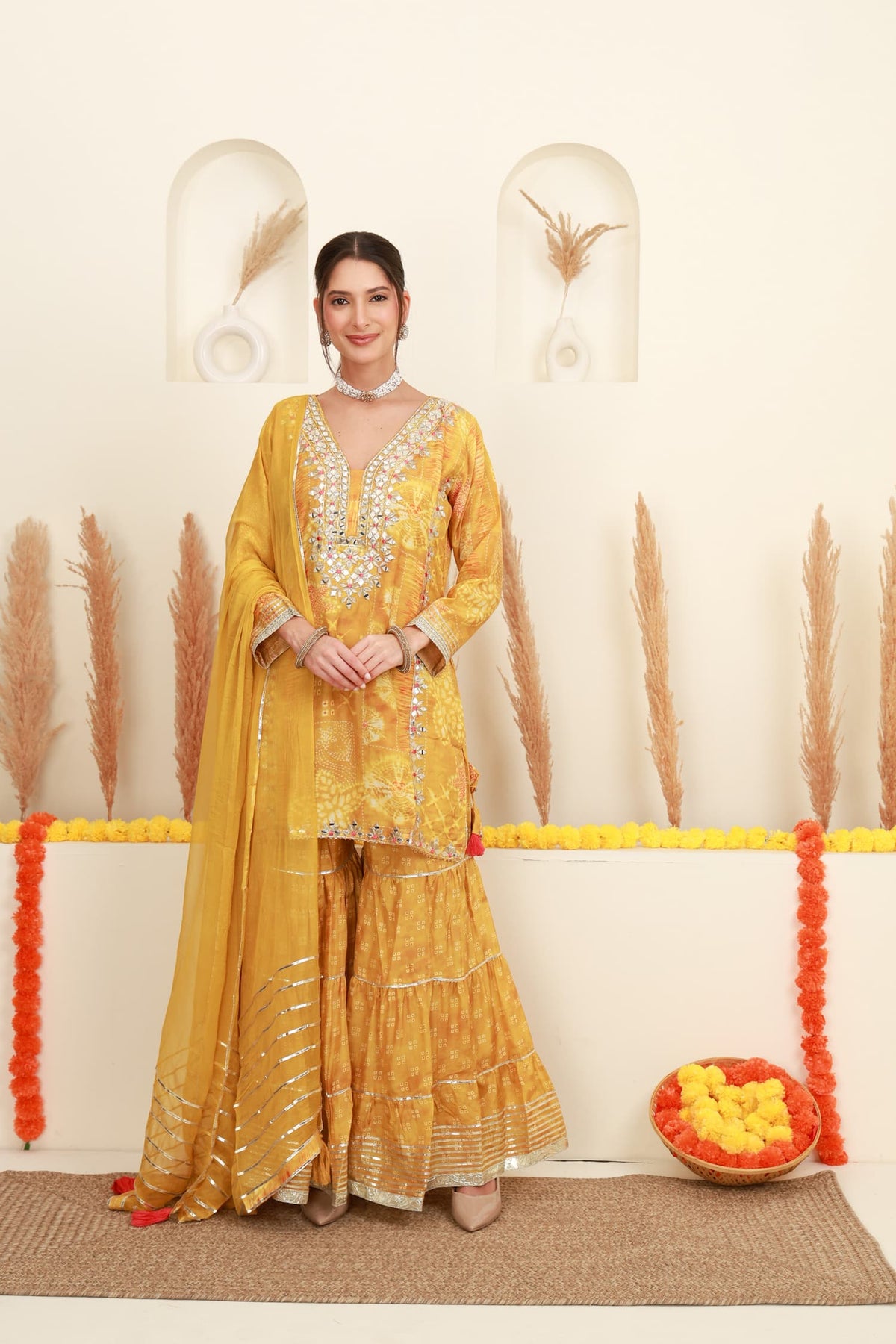 Mustard yellow embroidered kurta sharara set with silver embroidery and dupatta2