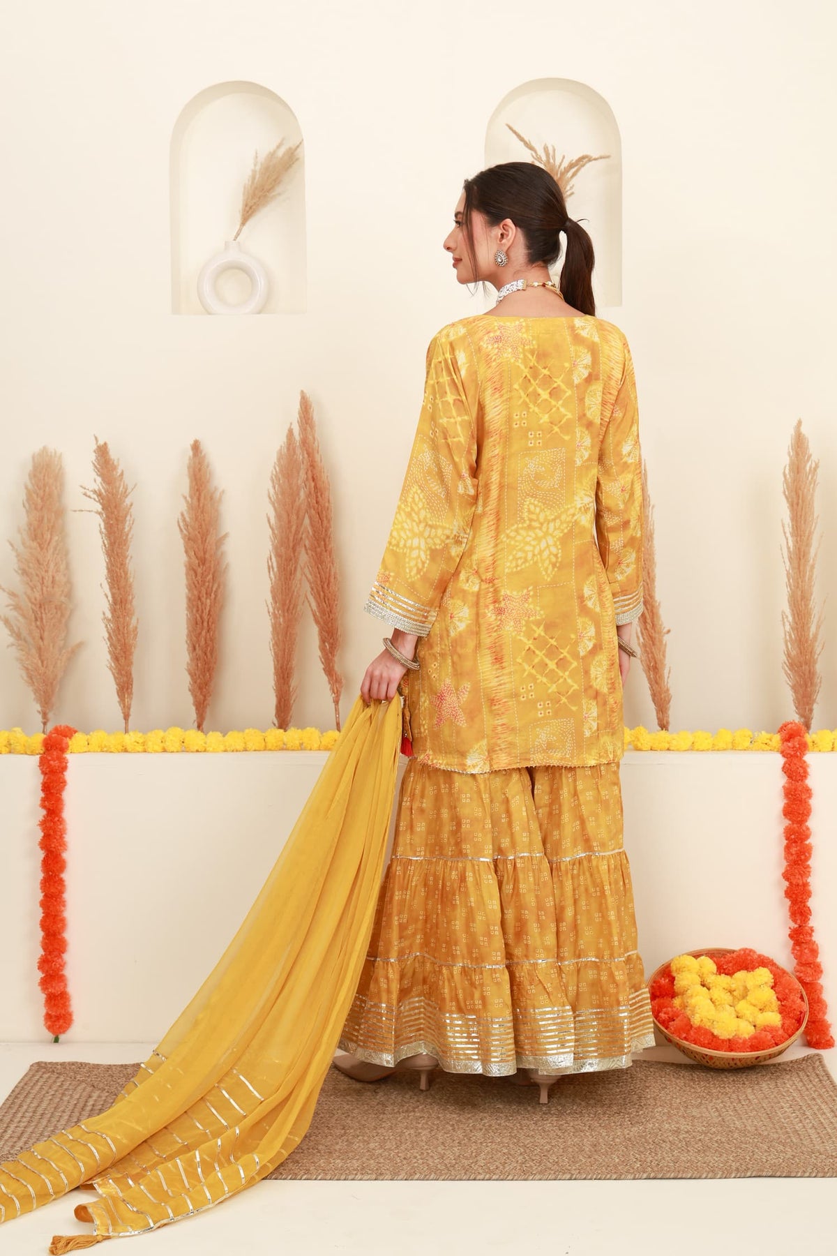 Mustard yellow embroidered kurta sharara set with silver embroidery and dupatta3