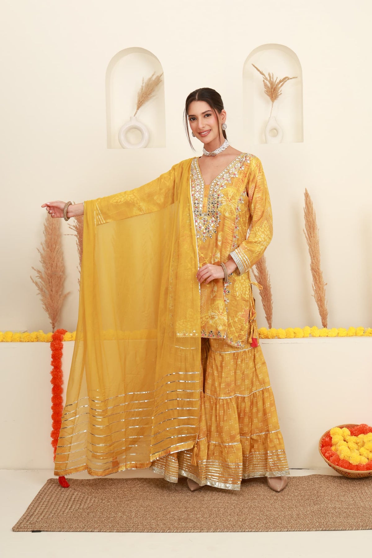 Mustard yellow embroidered kurta sharara set with silver embroidery and dupatta4